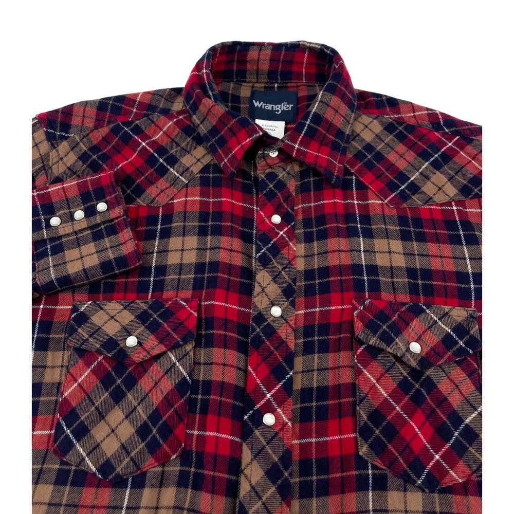 Wrangler Mens Tall XL Plaid Western Pearl Snap Flannel Shirt Red Tan